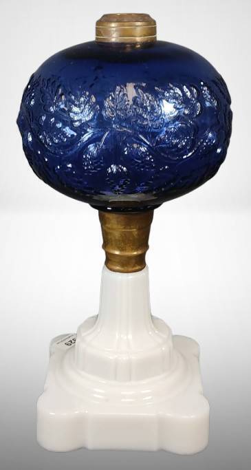 Blue Glass Oil Stand Lamp with Milk Glass Base