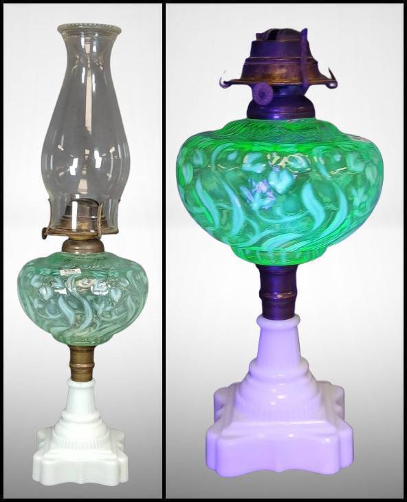 Oil Lamp with Uranium Glass Font and Milk Glass Base