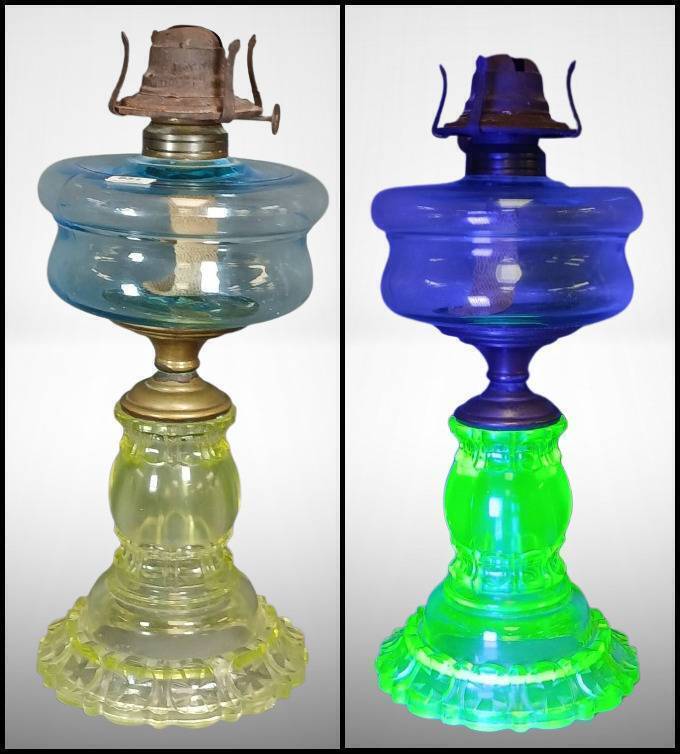 Blue and Vaseline Glass Oil Lamp