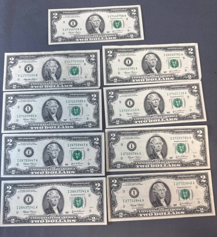 Nine Series 1976 $2 Federal Reserve Notes