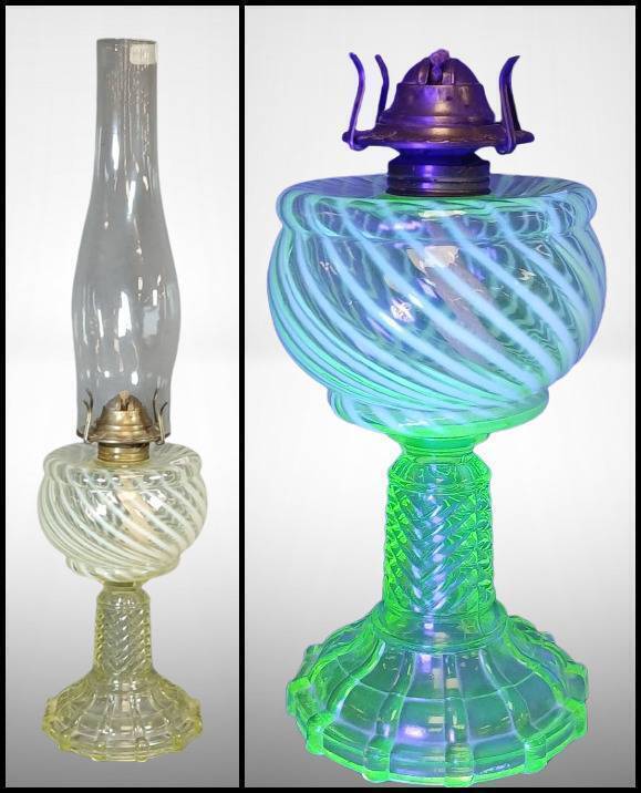 Vaseline Glass Oil Lamp with Opalescent Swirl Pattern