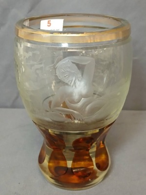 Etched Glass Vase with Amber Accents
