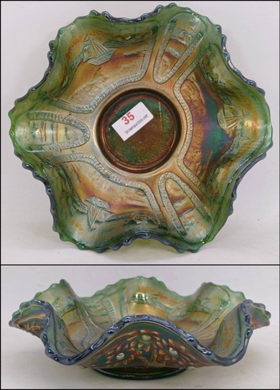 Green Carnival Glass Sailboats Bowl