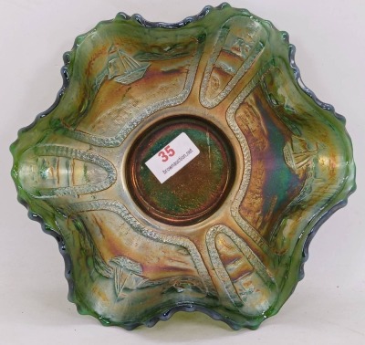 Green Carnival Glass Sailboats Bowl - 2