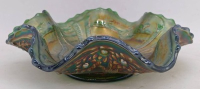 Green Carnival Glass Sailboats Bowl - 3