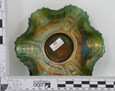 Green Carnival Glass Sailboats Bowl - 7