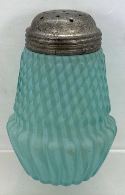 Chrysanthemum Swirl Blue Opalescent Glass Sugar Shaker with Metal Lid