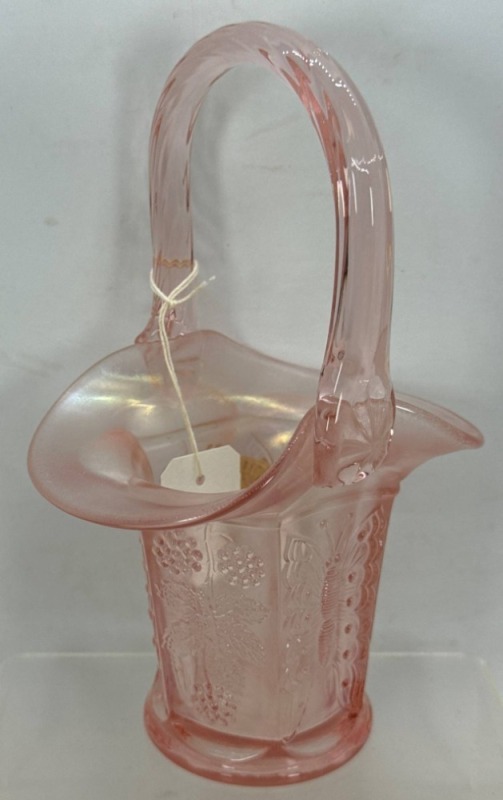 Fenton Pink Glass Basket with Butterfly and Berry Design
