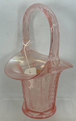 Fenton Pink Glass Basket with Butterfly and Berry Design