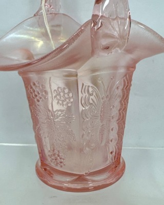 Fenton Pink Glass Basket with Butterfly and Berry Design - 2