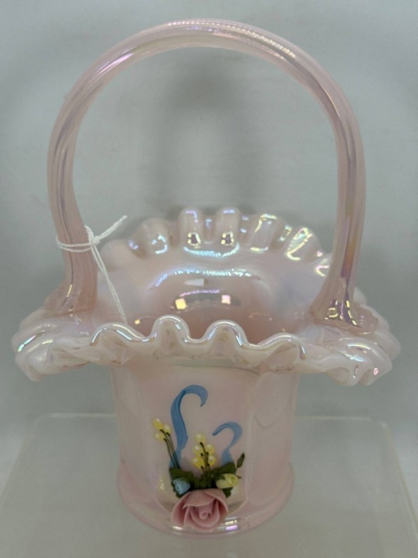 Fenton Pink Rose Corsage Glass Basket