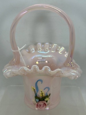 Fenton Pink Rose Corsage Glass Basket