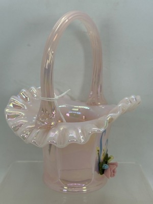 Fenton Pink Rose Corsage Glass Basket - 2
