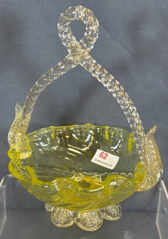 Yellow Glass Basket with Ornate Handle