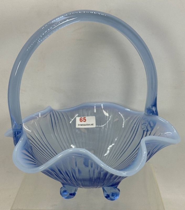 Blue Opalescent Glass Basket with Applied Handle