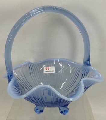 Blue Opalescent Glass Basket with Applied Handle