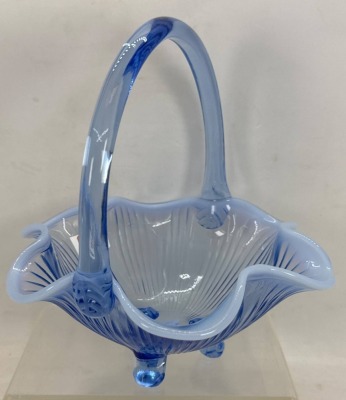Blue Opalescent Glass Basket with Applied Handle - 2