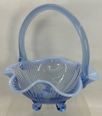 Blue Opalescent Glass Basket with Applied Handle - 3