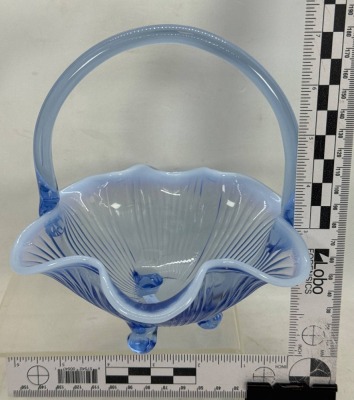 Blue Opalescent Glass Basket with Applied Handle - 4