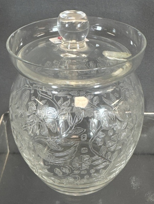 Glass Condiment Jar with Lid and Etched Floral Design