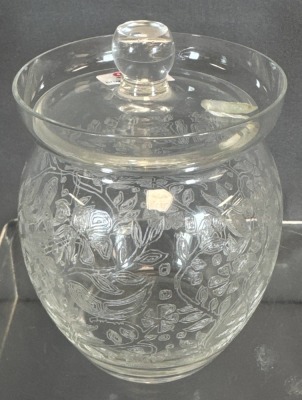 Glass Condiment Jar with Lid and Etched Floral Design