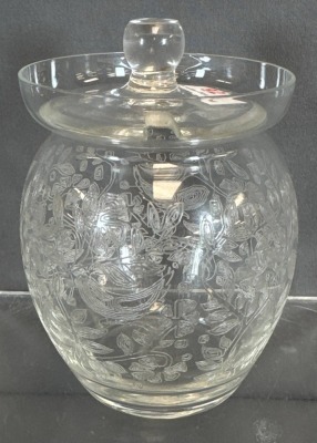 Glass Condiment Jar with Lid and Etched Floral Design - 3
