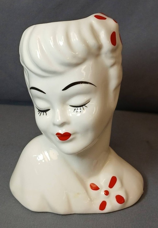 Ceramic Lady Head Vase with Red Accents