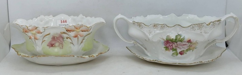 Handpainted Porcelain Gravy Bowls with Attached Plates