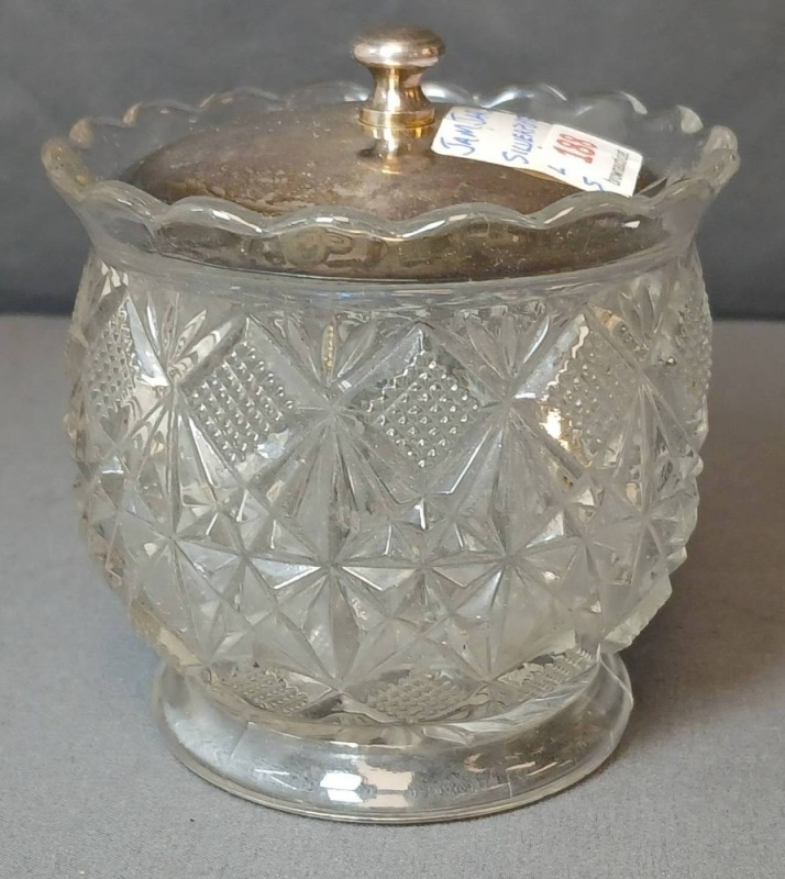 Pressed Glass Covered Jam Jar with Silverplate Lid