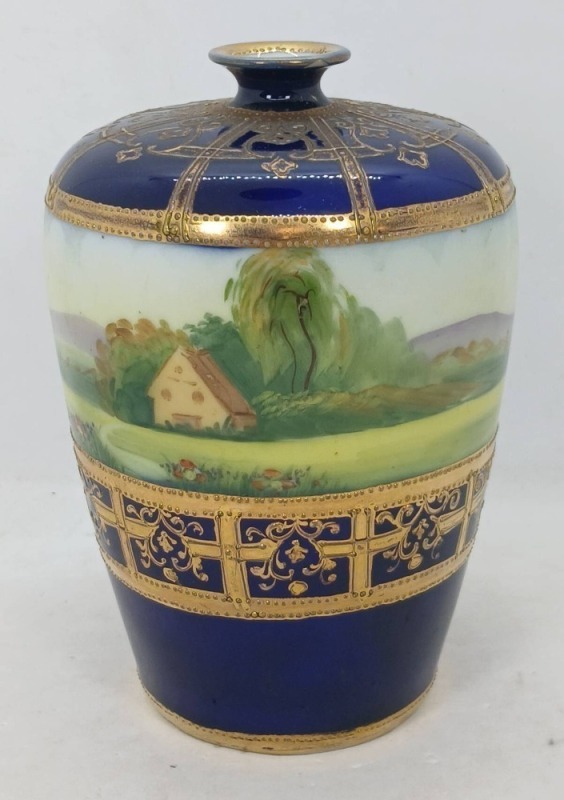 Nippon Hand-Painted Landscape Cobalt Vase