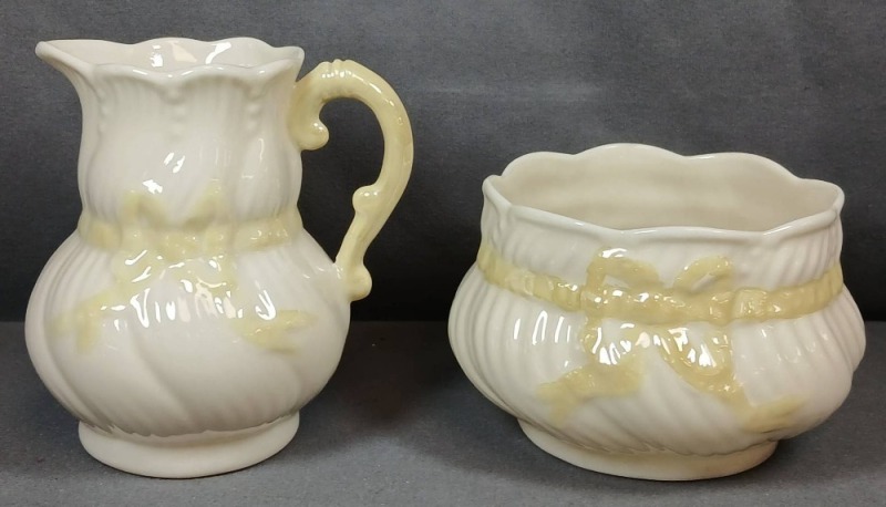 Belleek `Bow` Pattern Creamer and Sugar Bowl