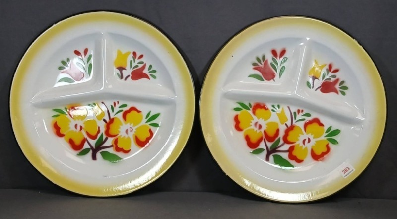 Two Vintage Floral Divided Enamel Plates