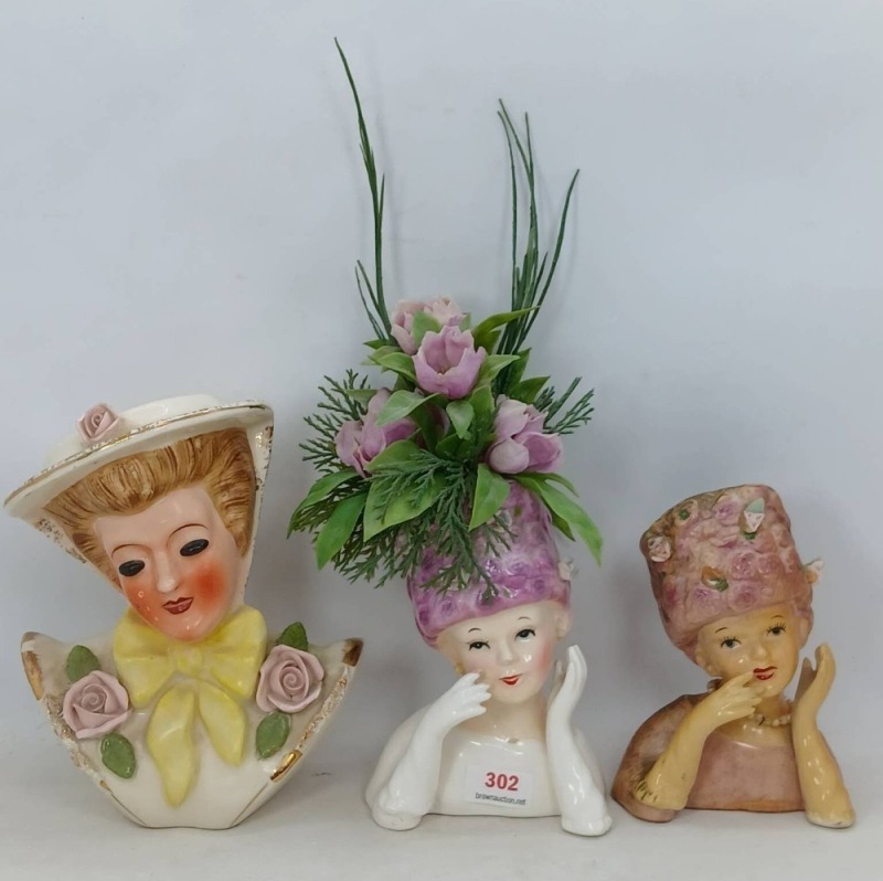 Trio of Vintage Ceramic Lady Head Vases