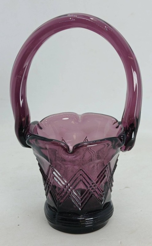 Fenton Plum Pressed Glass Basket with Handle
