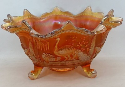 Northwood Carnival Glass Peacock at Fountain Bowl, Marigold - 4