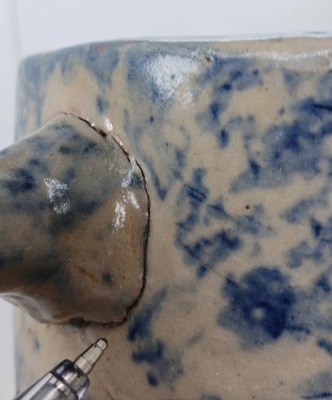 Stoneware Pitcher with Blue Spongeware Design - 8