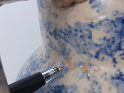 Stoneware Pitcher with Blue Spongeware Design - 9