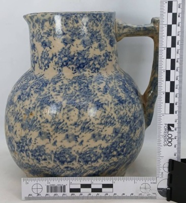 Stoneware Pitcher with Blue Spongeware Design - 13