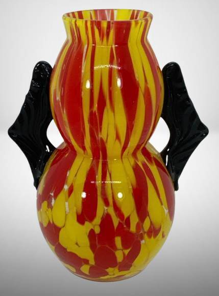 Czech Art Glass Vase With Applied Handles