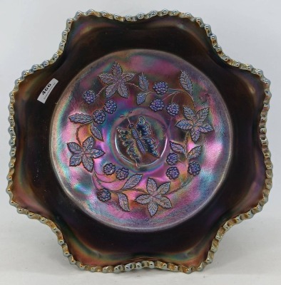 Fenton Carnival Glass Butterfly and Berry Cobalt Bowl - 3