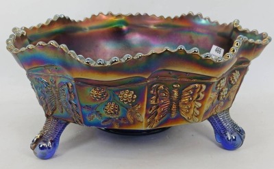 Fenton Carnival Glass Butterfly and Berry Cobalt Bowl - 4