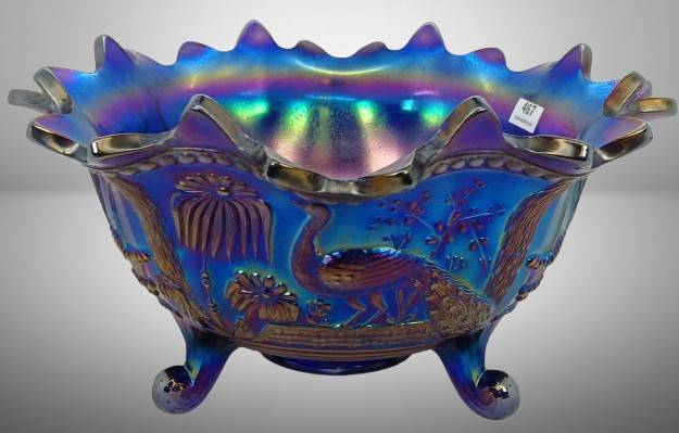 Northwood Carnival Glass Peacock at Fountain Bowl, Cobalt