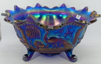 Northwood Carnival Glass Peacock at Fountain Bowl, Cobalt - 2