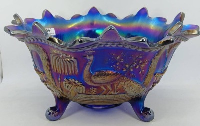 Northwood Carnival Glass Peacock at Fountain Bowl, Cobalt - 3