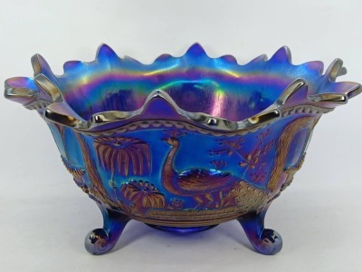 Northwood Carnival Glass Peacock at Fountain Bowl, Cobalt - 5
