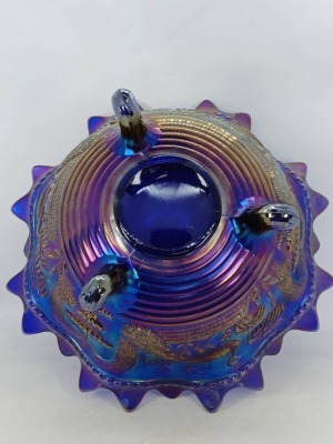Northwood Carnival Glass Peacock at Fountain Bowl, Cobalt - 6
