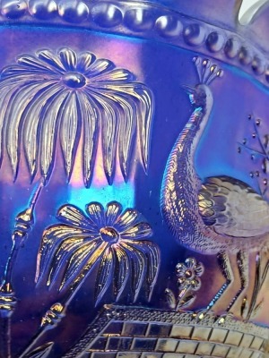 Northwood Carnival Glass Peacock at Fountain Bowl, Cobalt - 8