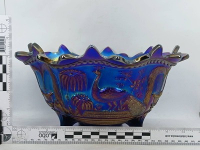 Northwood Carnival Glass Peacock at Fountain Bowl, Cobalt - 10
