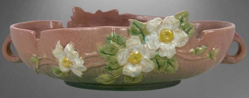 Roseville White Rose 391-10" Console Bowl, Pink/green