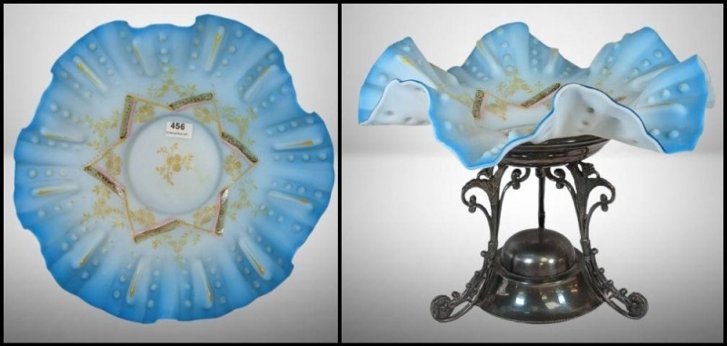 Victorian Blue Cased Glass Bride's Basket